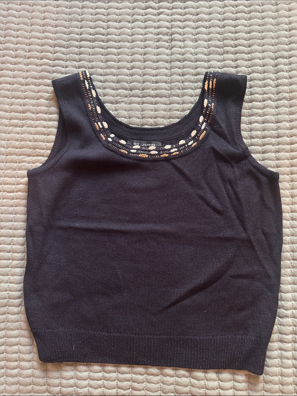St. John Black Knit Tank with Embellished Scoop Neck